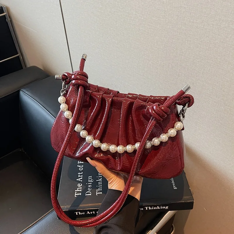 

2025 New Pearl-Accented Cloud Bag for Women, Crinkle Texture Shoulder Bag, Multi-Way Underarm Crossbody Purse, Elegant Casual​