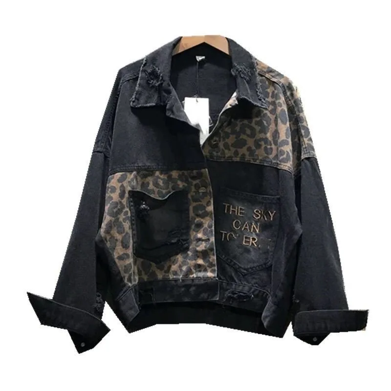 Herbst Neue Leopard Print Denim Jacke Stickerei Löcher Tun Alte Kurze Jacke frauen Trend