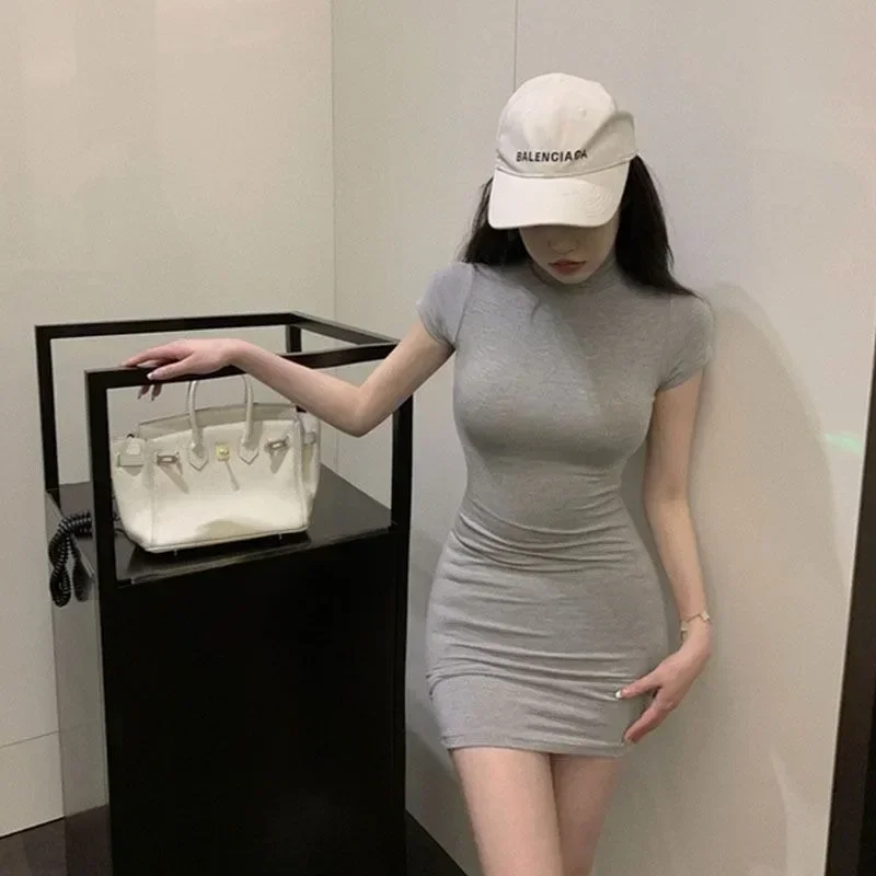 

Sexy Tight Half High Collar Mini Dress Korean Girls Solid Slim Dresses Bodycon Women Vestidos Party Mujer Clothing 원피스 Платье