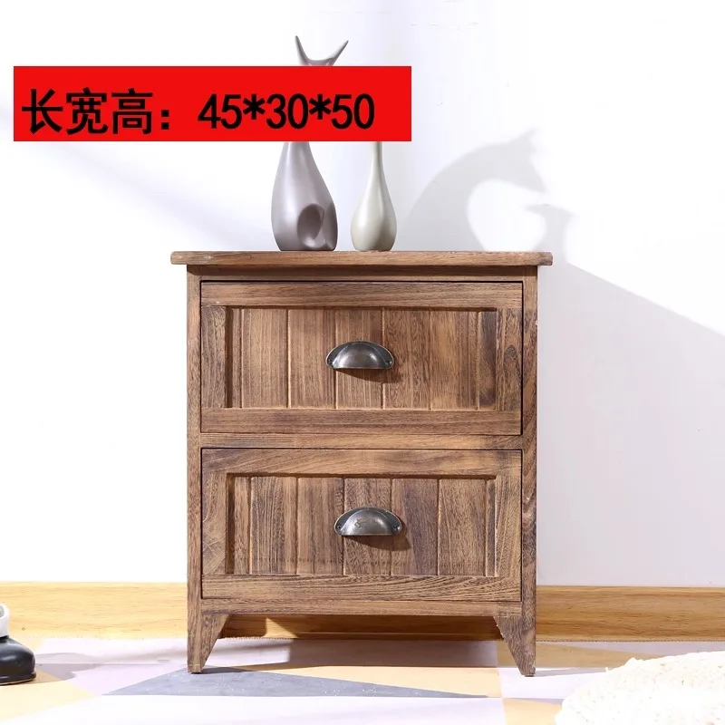 Mesita de noche pastoral al horno, armario de almacenamiento de madera maciza retro y antiguo, armario de ratán con dos puertas y cinco cajones