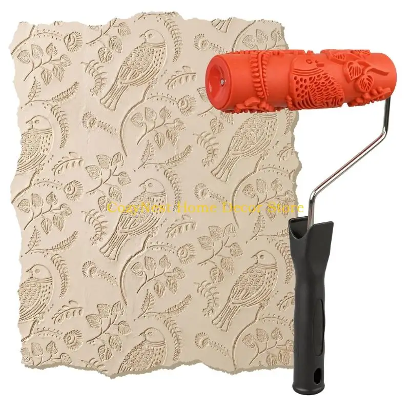 92MF Rubber Texture Paint Roller with Bird and Leaf Embossed Print, 7 Inch Wall Pattern Tool for DIY Paint Work and Feature Wall
