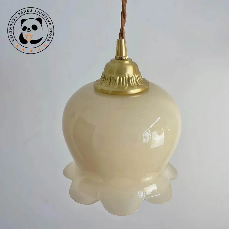 French Cream Style Pendant Lights Flower Glass Lampshade Bedside Restaurant Parlor Art Decoration Ceiling Chandelier LED Fixture