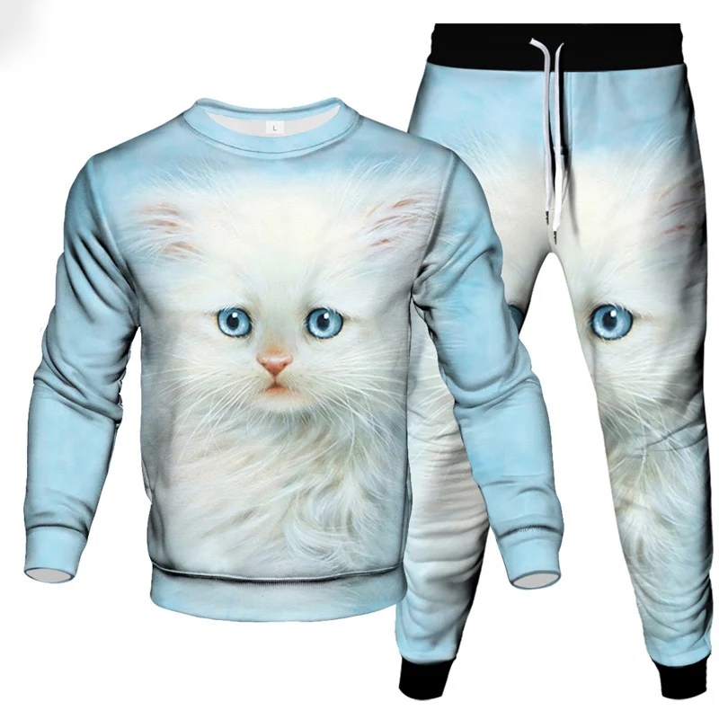 Fashion Funny Animal Cat 3D Print Men\'s Sportswear Set Long-Sleeved T Shirt Pants 2-Piece Set Oversized Pullover Men Clothing