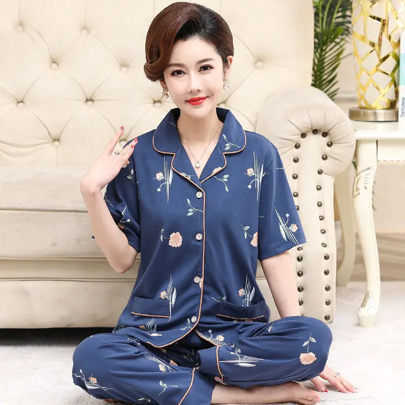 Middle Aged Mother Cotton Pajamas Set Summer Women's Suit Short Sleeve Sleepwear Plus Size Homewear Cardigan Thin Pyjama Femme