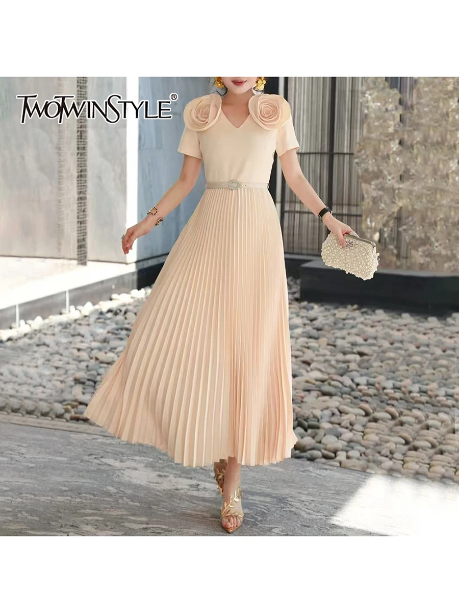 

TWOTWINSTYLE Solid Spliced Folds Slimming Dresses For Women V Neck Short Sleeve High Waist Patchwork Appliques Dress Female New