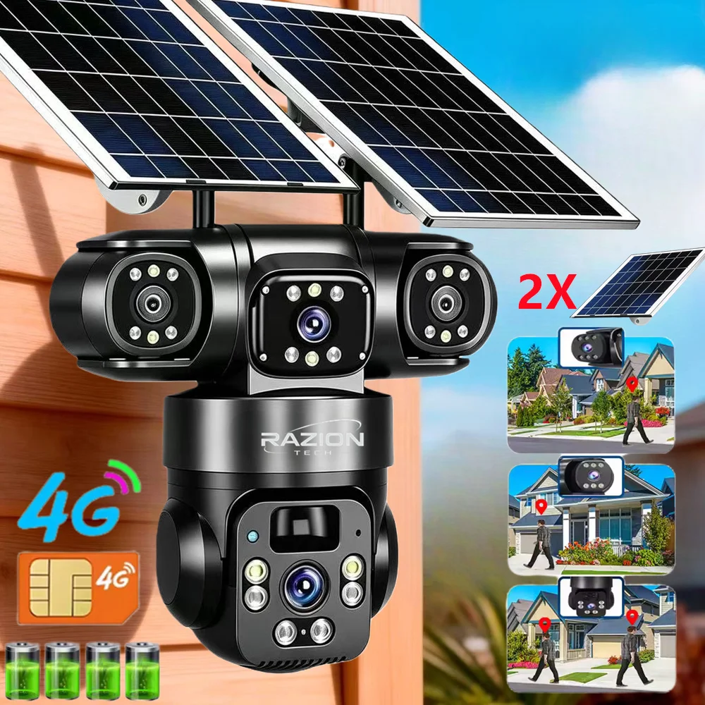 Telecamera Solare 4G con SIM per Esterni, 3 Obiettivi, 3 Schermi, Rilevamento Umano PIR, Zoom 10X, Impermeabile, Visione Notturna, Telecamera di Sicurezza CCTV RZ380 con Due Pannelli Solari
