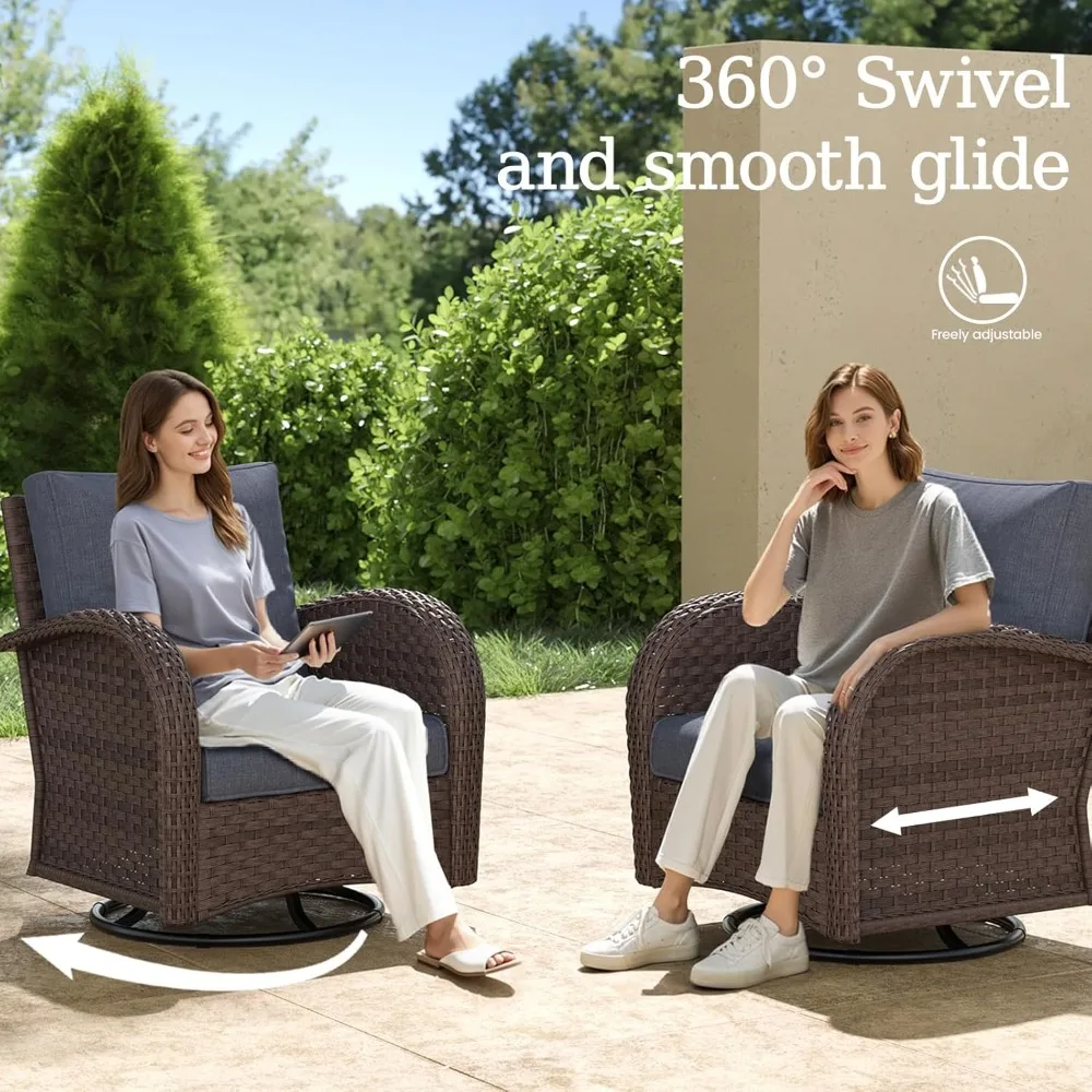 طقم أثاث فناء من الخيزران مكون من 6 قطع، مجموعة محادثة خارجية فاخرة مع كراسي هزازة دوارة عالية الظهر