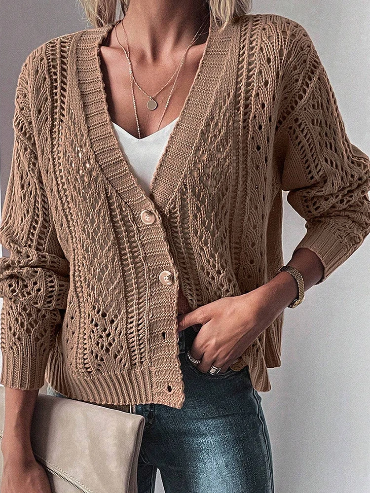 

Winter New Pure Color Simple Warm Knitted Open Cardigan Women's Faion Hollow Single Button Open Front Sweater V-ne Long S...