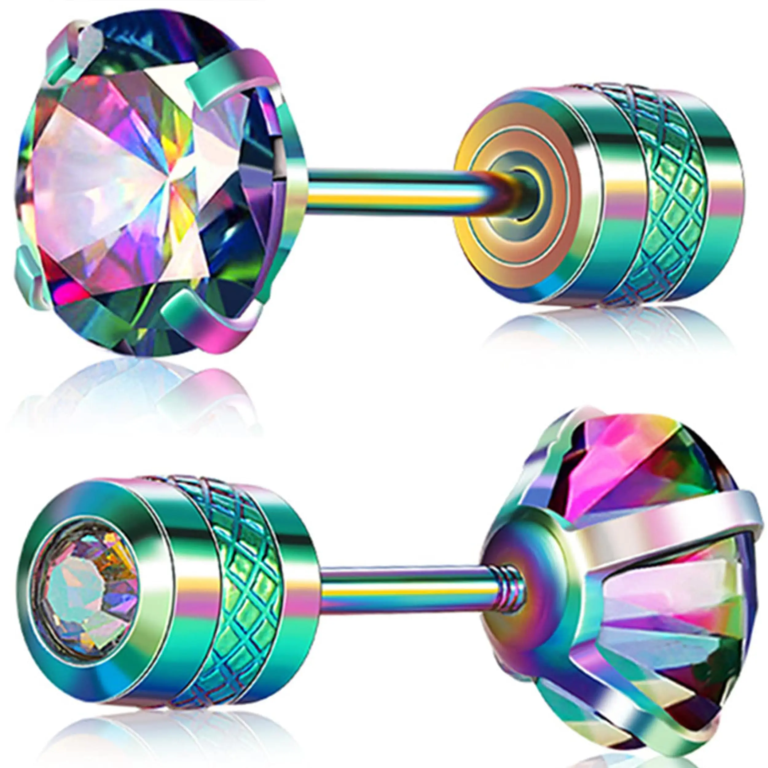 1 Pair Fashion Hypoallergenic Stainless Steel Double-side Round CZ Screw Flat Back Stud Earrings for Men Women Daily Ear Jewelry