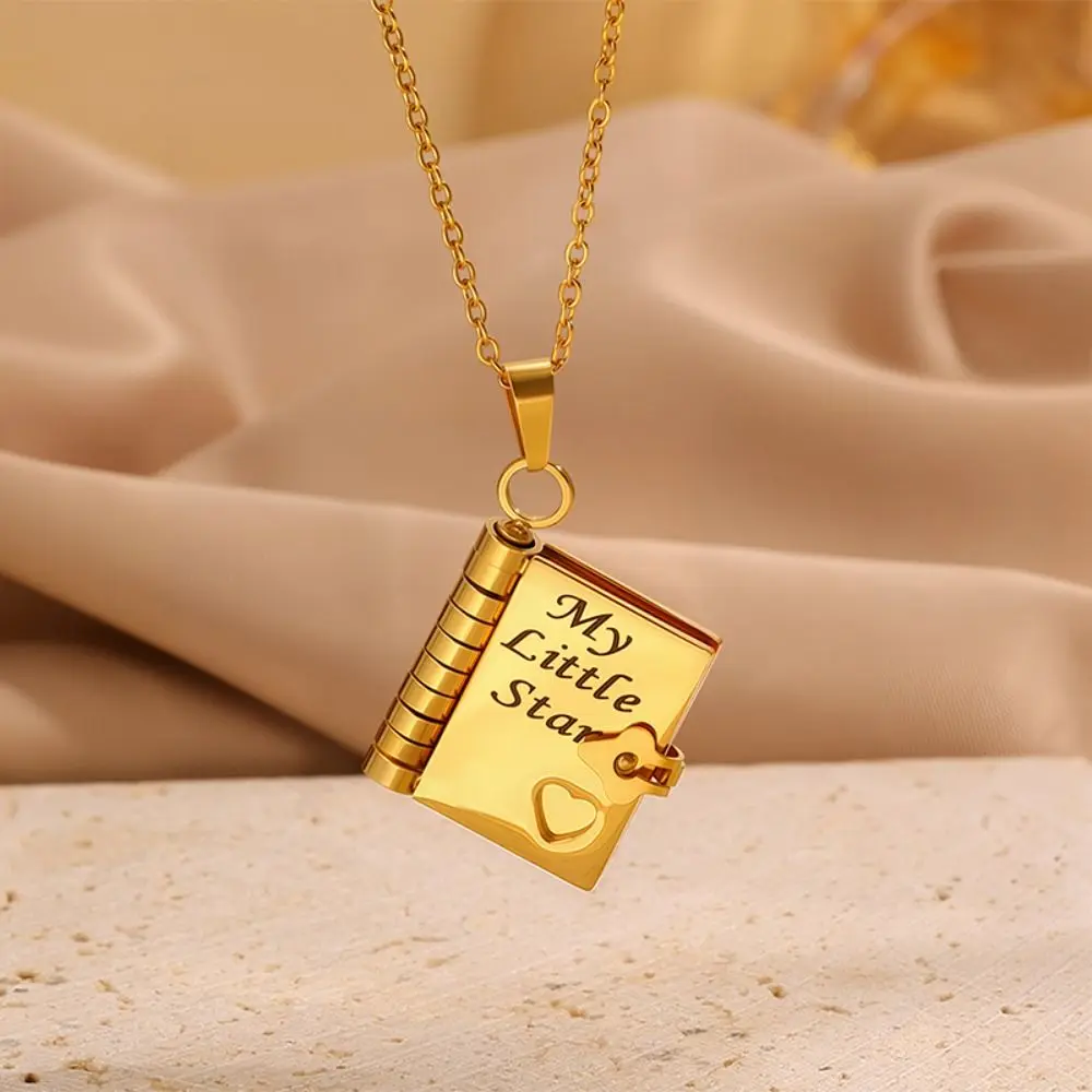 Openable Daughter Book Necklace Stainless Steel with Pages of Engraved Information Message Mini Book Necklace Gold Color