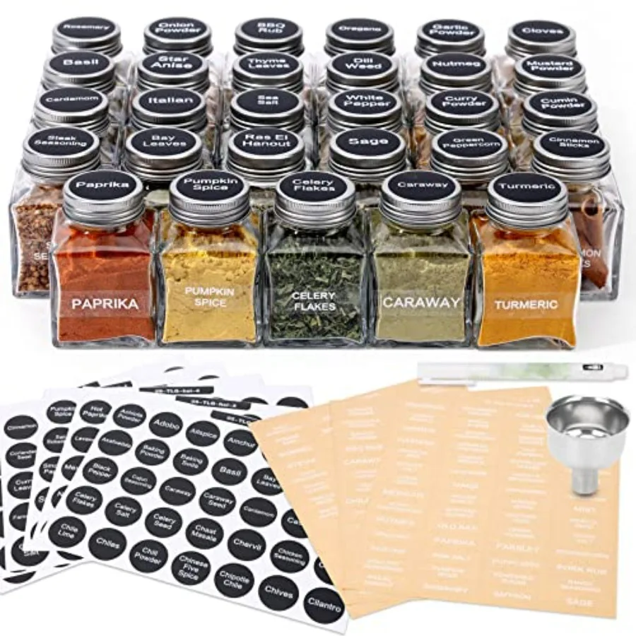 

MIUKAA Unique Design Spice Jars with 372 Labels 29Pack 4.5 oz Personalized Cubic Clear Glass Spice Jars with Shakers Lids Empty