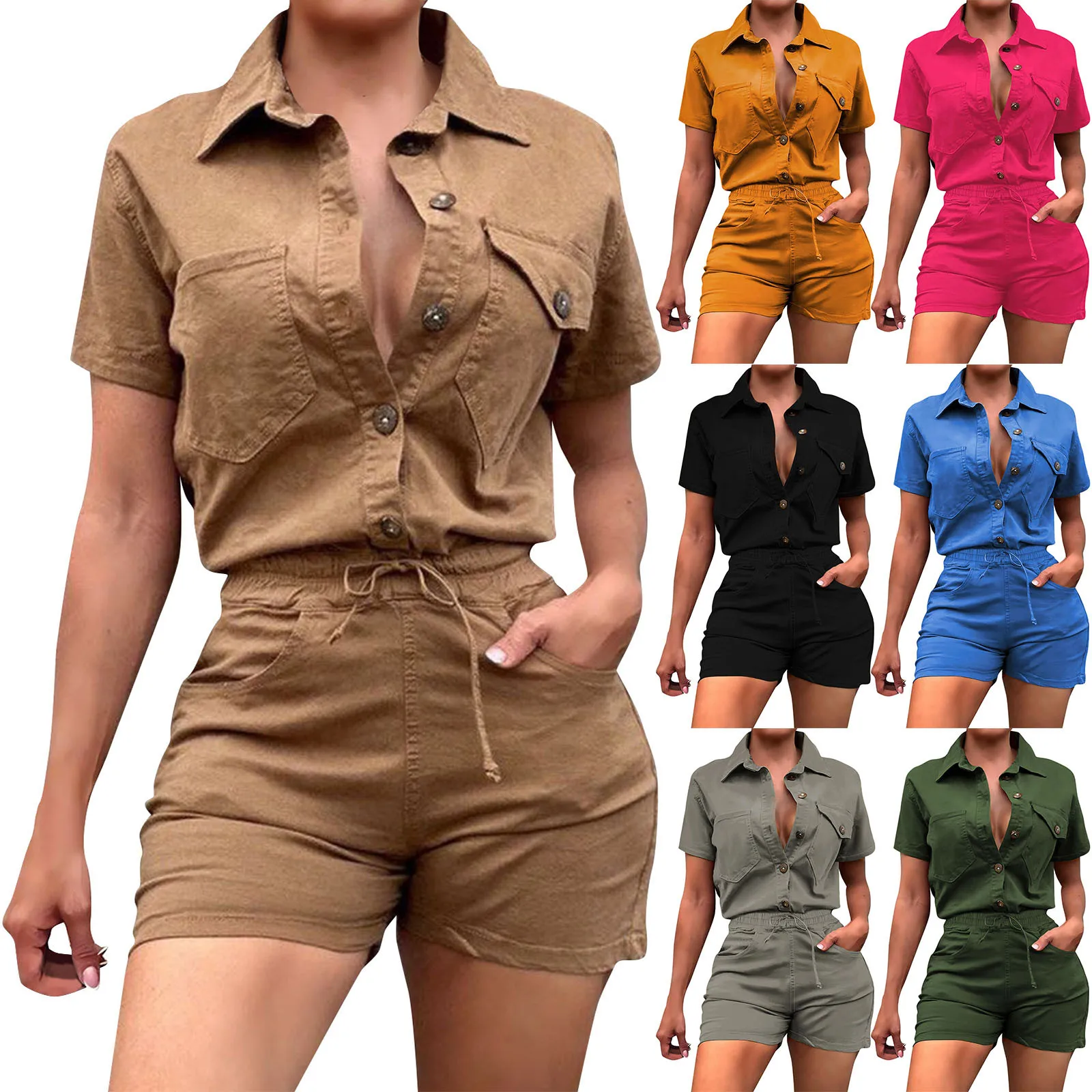 Motorcycle Girl Two-Piece Set Solid Color Workwear Style Short Sleeve shirt Lace-Up Shorts Set conjuntos para mujeres 2 piezas