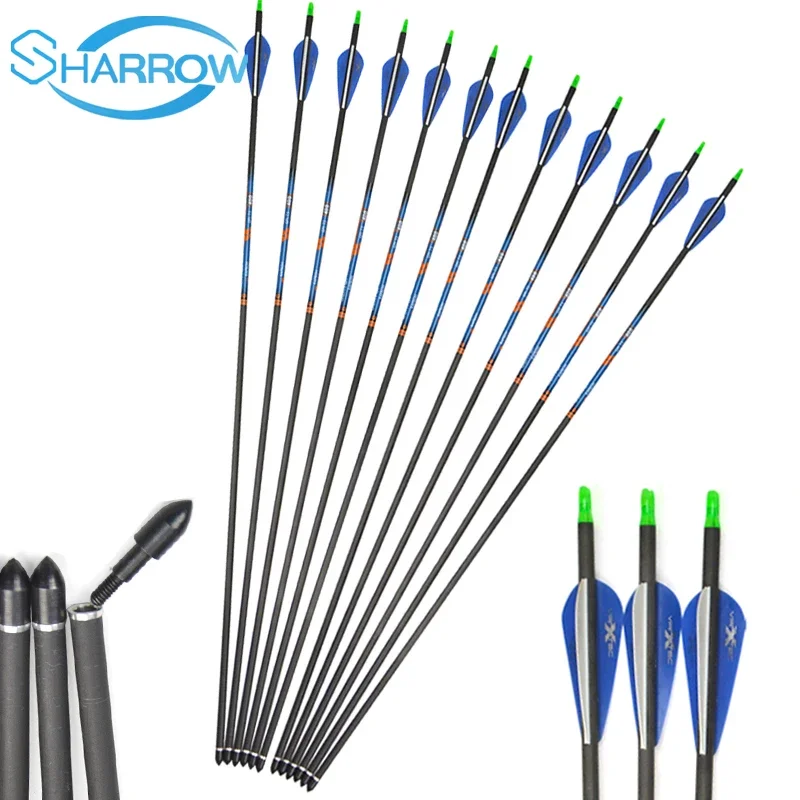 

SHARROW 12pcs Archery pure Carbon Fiber Hunting 31inch Arrows Spine 400 Arrow Fit Compound Recurve Bow Hunting Shooting