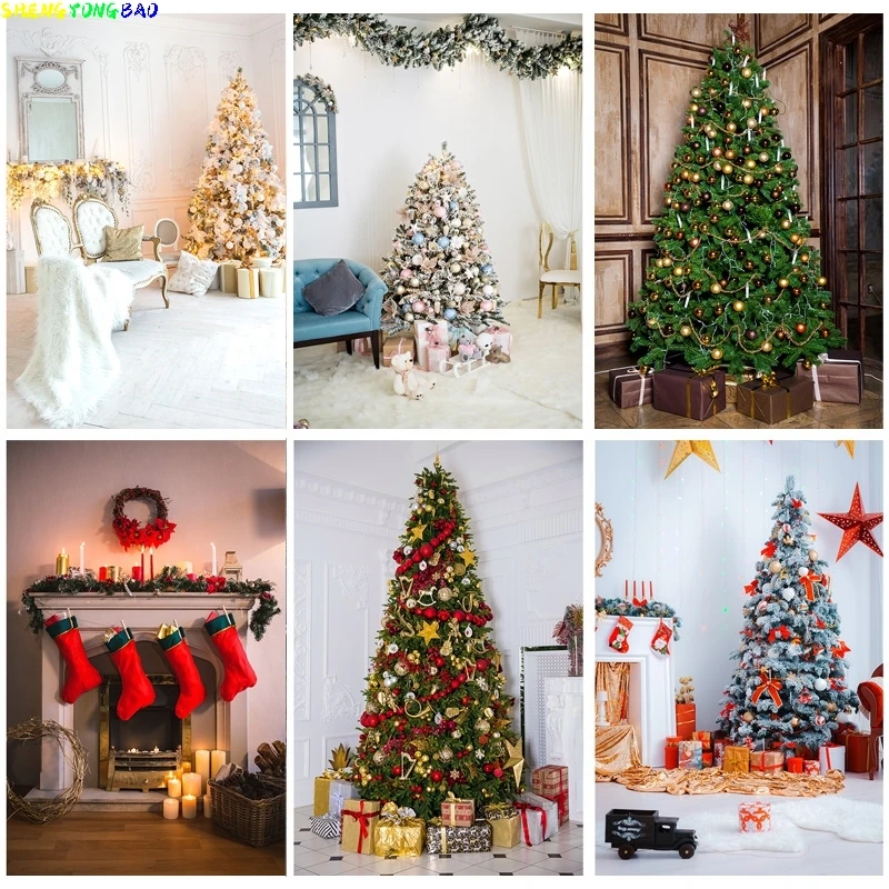 

Christmas Theme Photography Background Christmas Tree Fireplace Children Portrait Backdrops For Photo Studio Props JPE-65