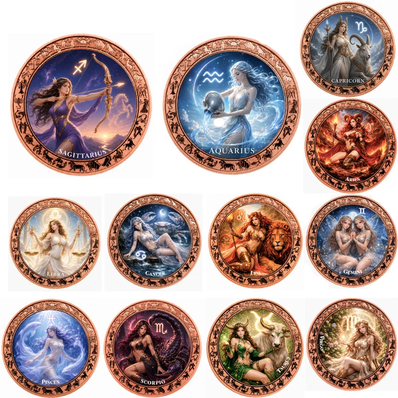 1oz .999 Fine Copper Round Zodiac Horoscope Goddess Set Sagittarius Aquarius Leo Cancer Scorpio Pisces Colorized Art Desk Gift
