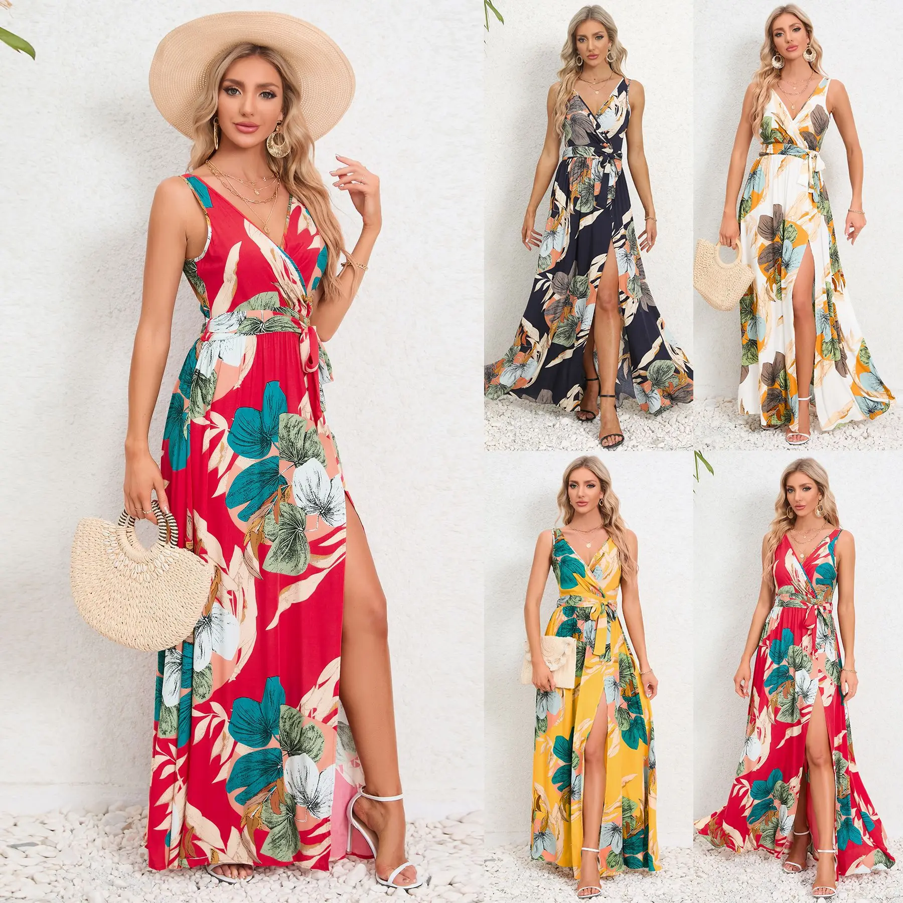 

2024 Women's Dress Sexy V-Neck Sleeveless Frock with Slit Floral Maxi Spaghetti Strap Vacation Beach Long Gown Summer