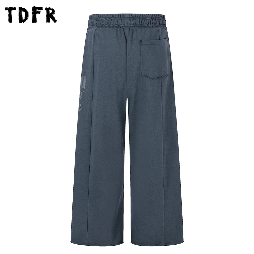 Letter Print Sweatpants Mens Pocket Retro Casual Drawstring Elastic Waist Loose Straight-leg Wide Leg Baggy Trousers Man