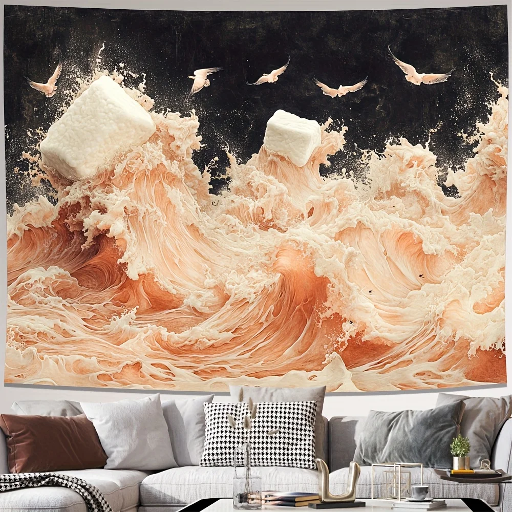 1 tapiz con diseño de ondas y pájaros color crema, tela de poliéster, lavable a máquina, adecuado para decoración de dormitorio y sala de estar