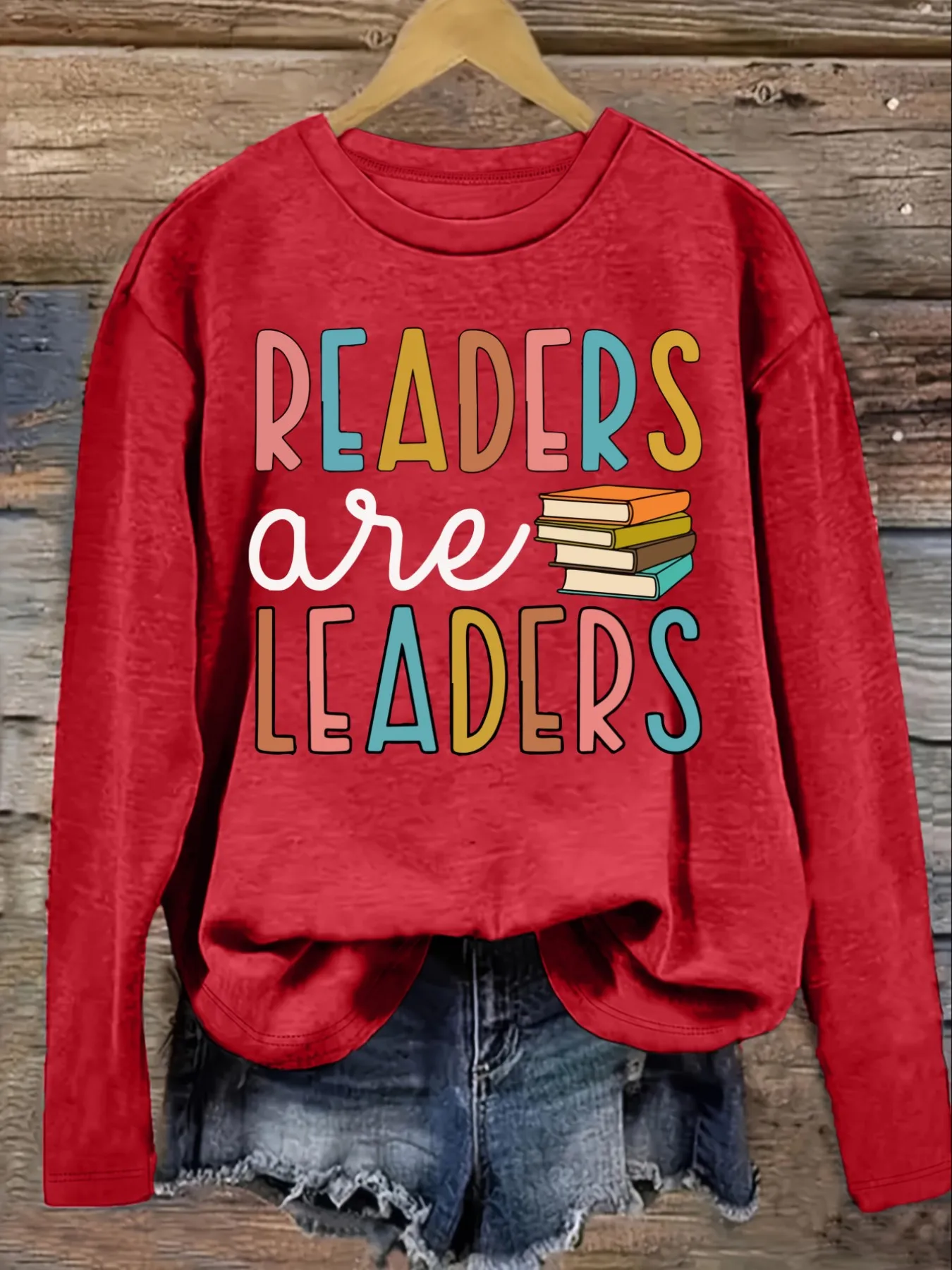 Women's Casual Long Sleeve Crew Neck T-Shirt Readers Are Leaders Book Stack Design, Round Neck Women's Clothing, Machine Washable, Slightly Elastic, Loose Fit, Spring Autumn Winter Women's T-Shirt, Halloween Costume Outfit view 4
