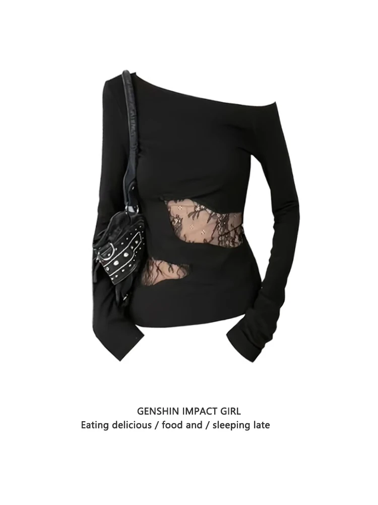 

Women Black Gothic T-shirt Harajuku Y2k Tees Top Vintage Aesthetic Long Sleeve Asymmetrical T-shirts 2000s Emo Oversize Clothes