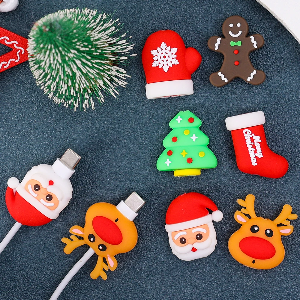 Cartoon Christmas USB Cable Saver Wire Cord Protector dla iPhone Xiaomi Samsung Huawei Charger Wire Miękki silikonowy pokrowiec