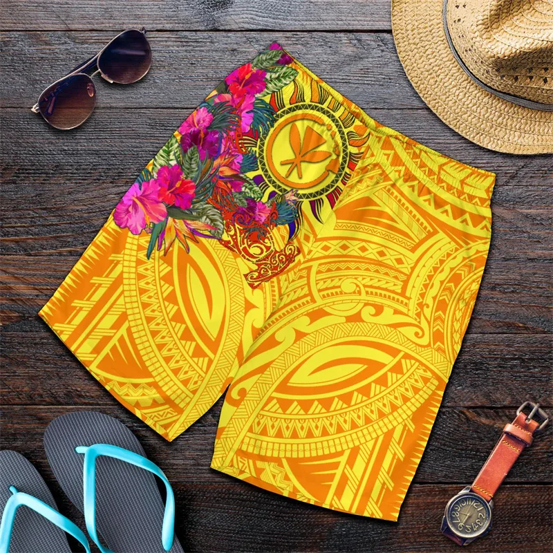 Hawaii Kanaka Maoli Men Shorts Hibiscus Flowers & Polynesian Beach Shorts Swim Short Trunks Gym Ice Shorts Boy Board Short Pants