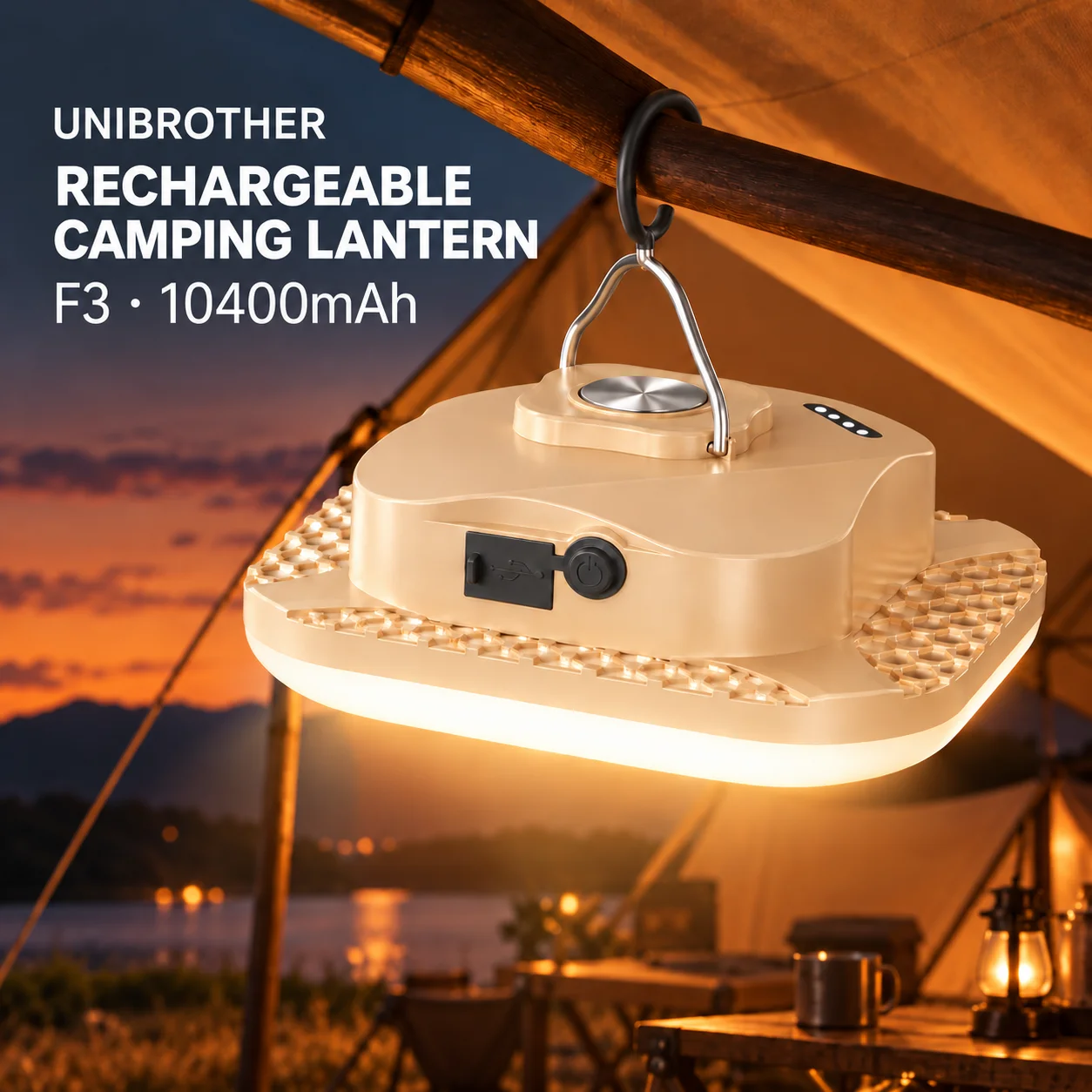 Portable Rechargeable Camping Light LED Lantern with Magnet and Hook 3 Modes Dimmable Type C Input USB A Output IPX5 Tent Lamp