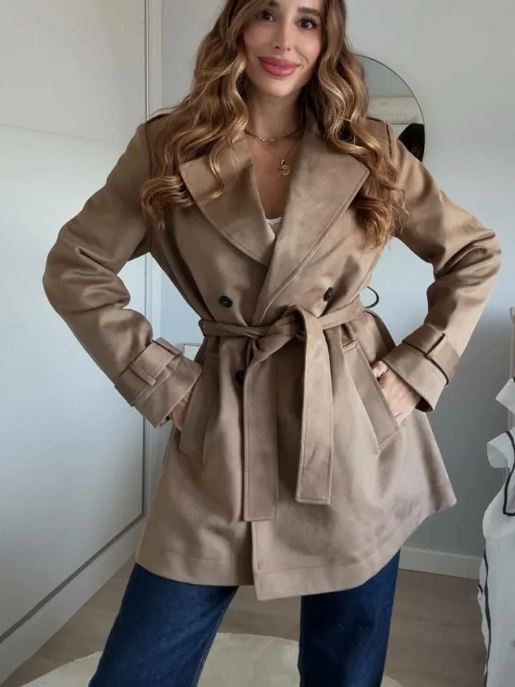 

HH 2023, осенняя женская новая модная универсальная уличная ветровка из искусственной кожи, женская двубортная куртка с лацканами и карманами, повседневная куртка