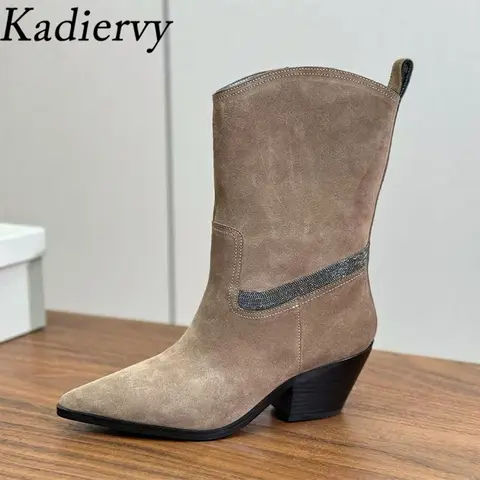 Cow Suede Square Heels Western Cowboy Boots Women Pointed Toe Slip-on Mid Calf Boots Female String Bead Short Boots Woman