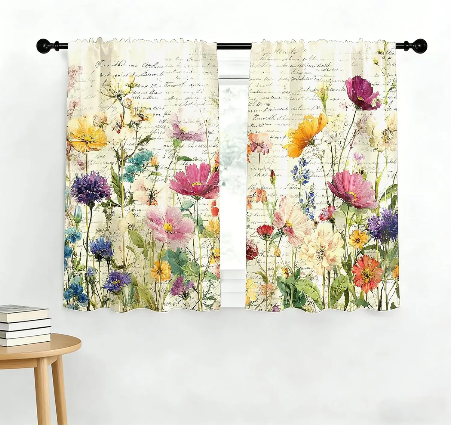 Floral Script Window Curtains 2 Panels, Mixed Wildflower Vintage Cursive Light Cream Print Drapes for Cottage Kitchen Decor