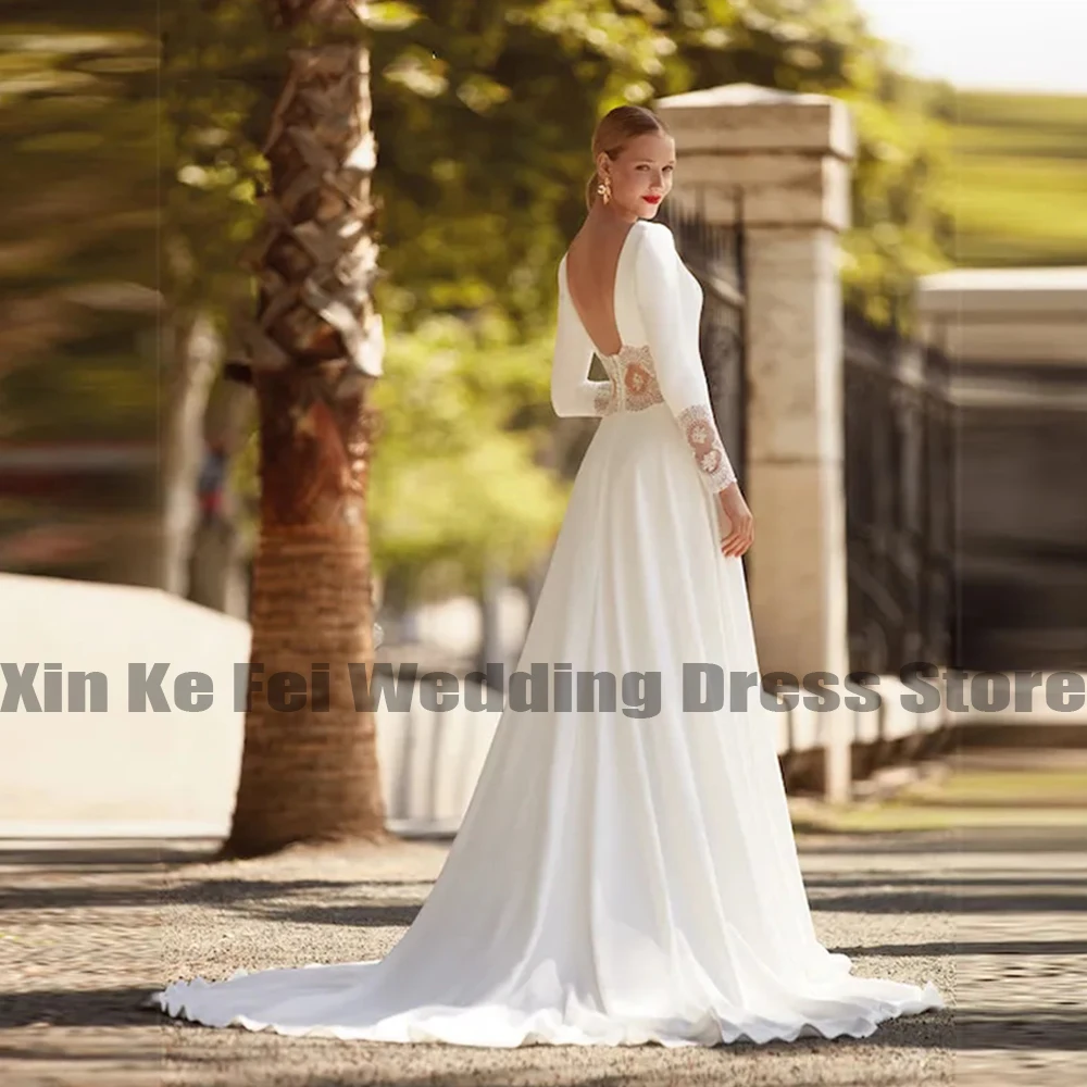 Wunderschöne Frauen sexy V-Ausschnitt Brautkleider Langarm Spitze Applikation Chiffon Open Back Hochzeit Willkommen Gast kleider Vestido