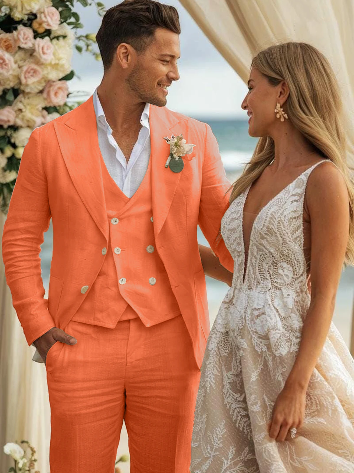 Summer Linen Wedding Suits for Men Slim Fit Peaked Lapel Solid TuxedoTrajes Para Hombre Terno Masculino Costume Homme Men Suits