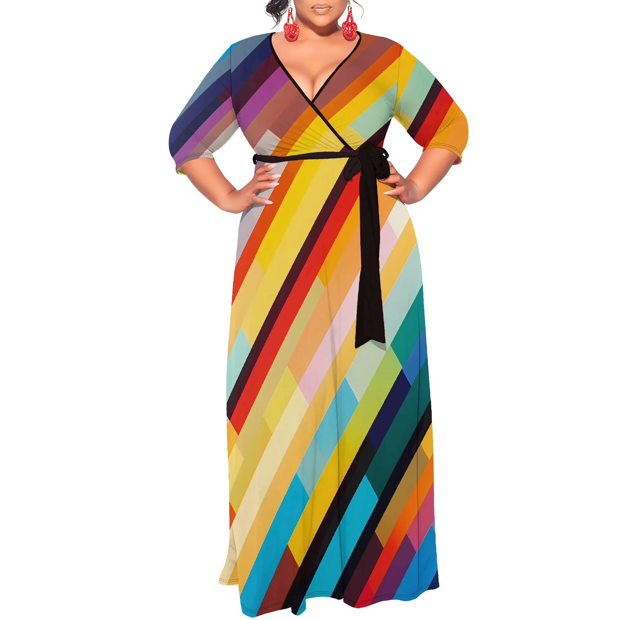 

Plus Size Dress for Women - 3/4 Sleeve V Neck Printing Maxi Dresses for Women