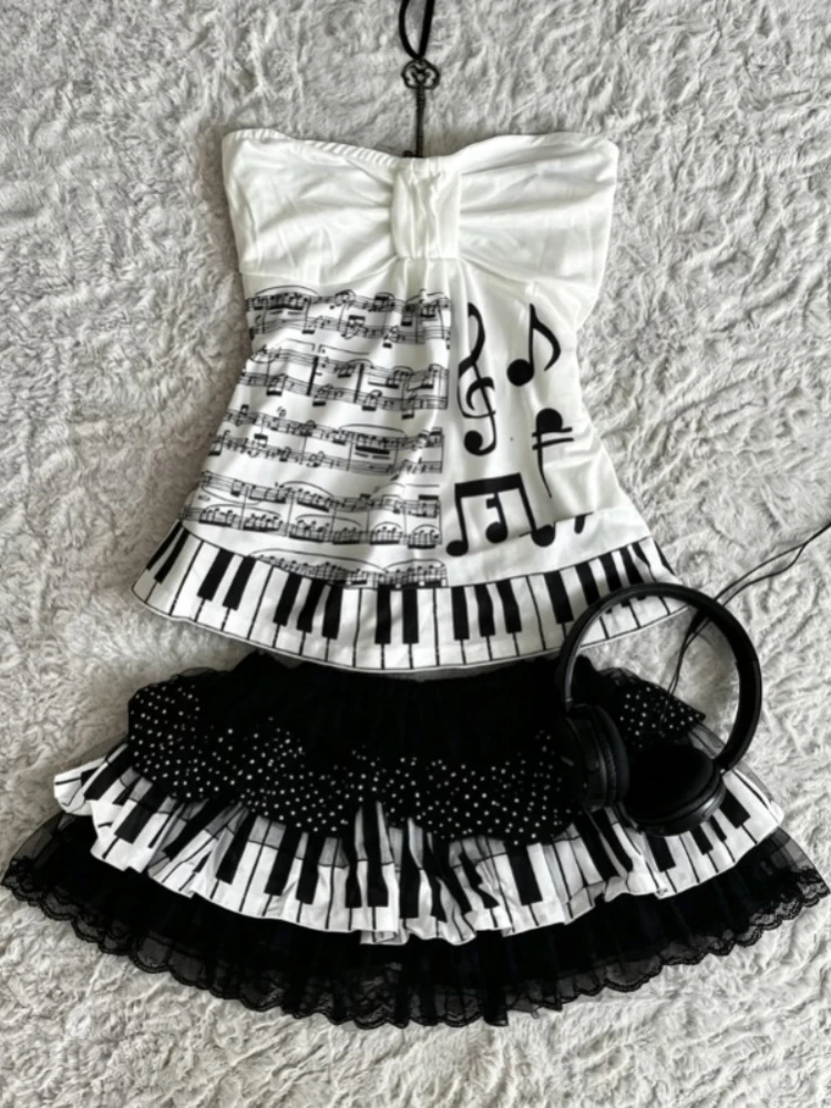 Summer Music Note Piano Key Print Halter Tops Women Y2K Sweet Gothic Sleeveless Bow Front Ruffle Hem Camisole Fashion Streetwear