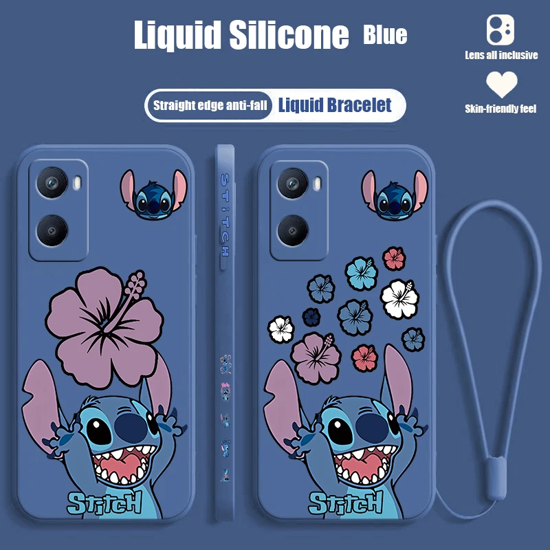 Disney Stitch Flower For OPPO A98 A96 A94 A93 A77S A76 A74 A73 A72 A57E S A56S Liquid Left Rope Silicone Phone Case