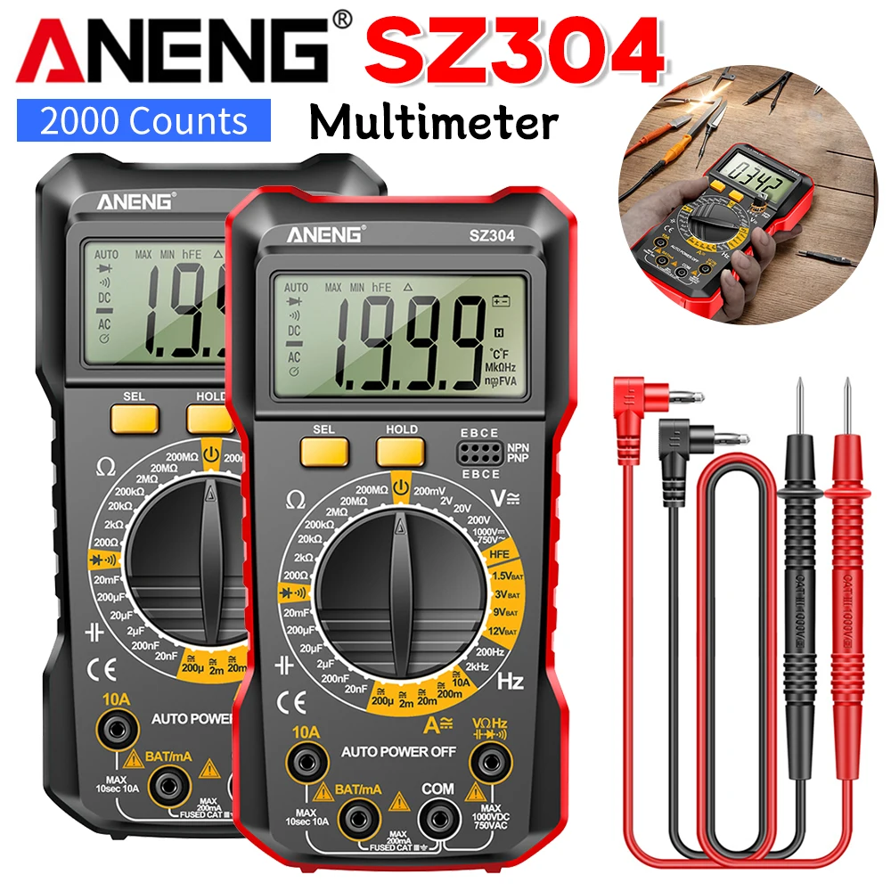 ANENG SZ304 Digital Multimeter 2000 Counts AC/DC Current Votage Tester Multimeter True RMS Auto-Ranging Resistance Ohm Test Tool