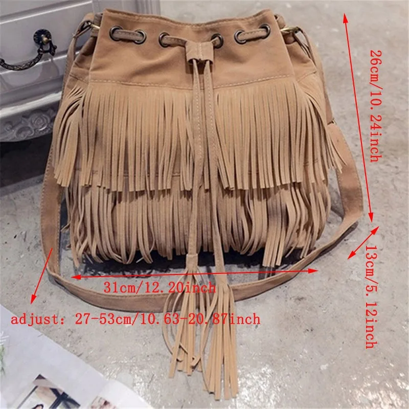 Mensageiro de franja de camurça retrô para mulheres, bolsas de ombro Tassel, sacola crossbody, novo, 2024