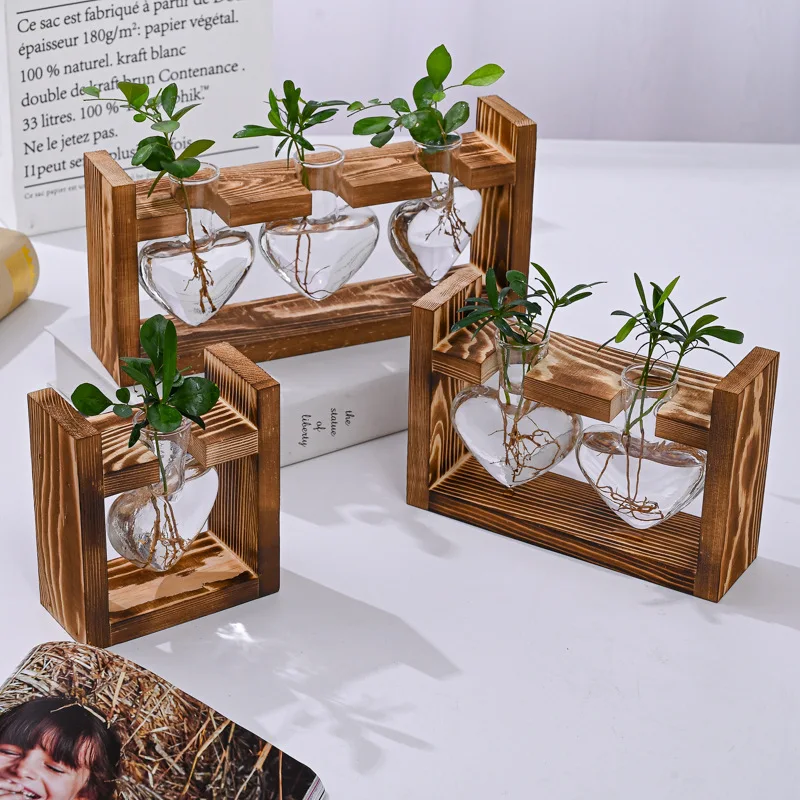 Creative Wooden Frame Hydroponic Small Vase Ins Plant Glass Bottle Container Home Living Room Office Desktop Decoration