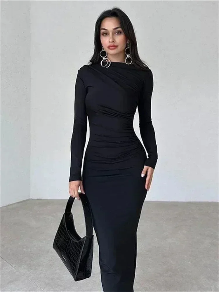 Robe plissée en Patchwork pour femmes, élégante, manches longues, couleur unie, Slim, taille haute, moulante, Maxi, mode automne 2023