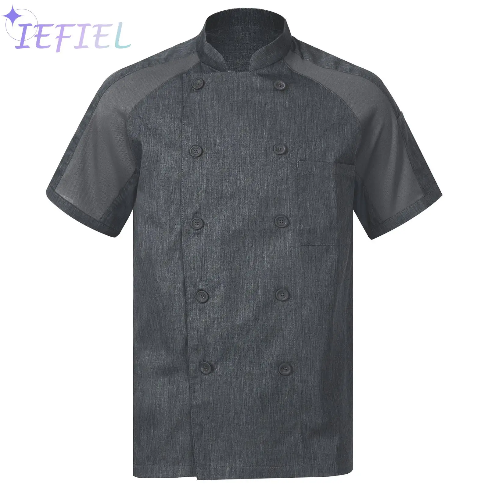 

Kitchen Work Uniform Men Women Stand Collar Raglan Sleeve Chef Jacket Coat Waiter Costume Tops for Canteen Restaurant Hotel