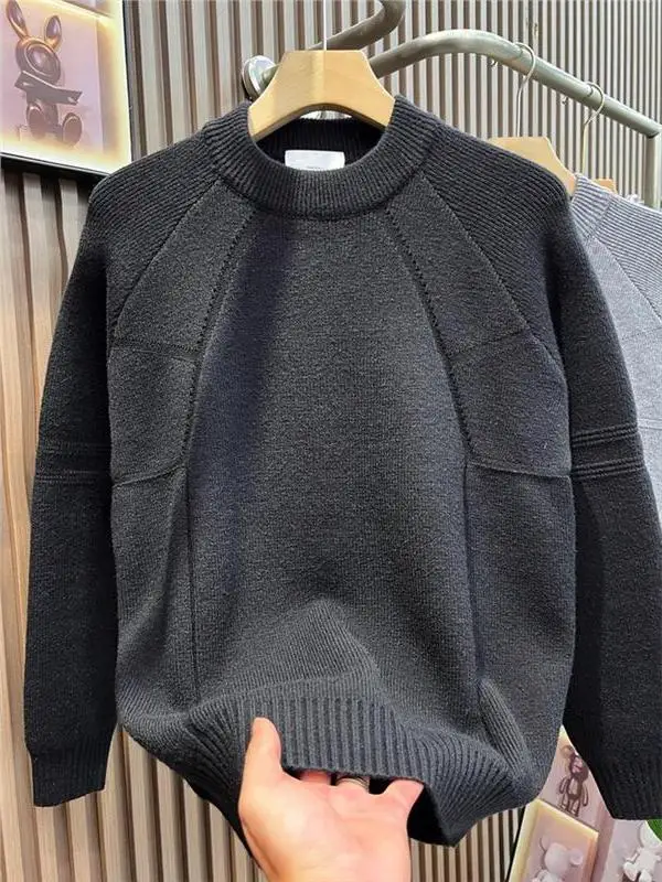 

Casual Basic Color Men's Knitted Sweater round Ne Warm Loose Fit Autumn Winter New Sle Versatile Patchwork Knitwear