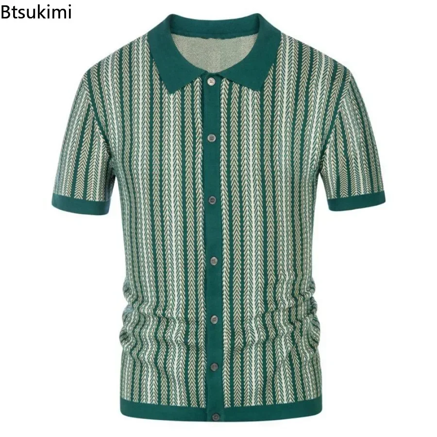 2025 Men's Summer Casual Stripe Shirts Knitted Vintage British Breathable Patchwork Short Sleeve Jacquard Business Polo Shirt