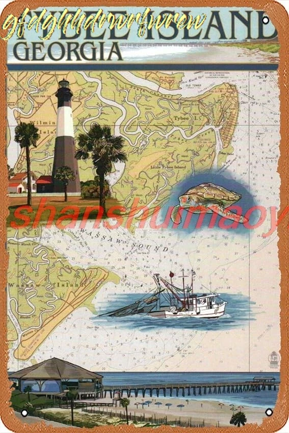 Vintage Tin Tybee Island, Georgia - Nautical Chart Drop Metal Sign Retro Wall Decor for Home Cafes Office Store Pubs Club S sign