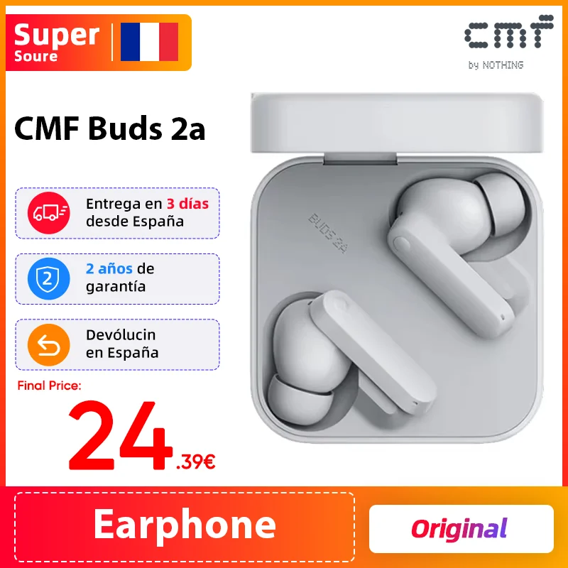Version Globale CMF Buds 2a Écouteurs avec Driver de 12,4 mm, Réduction Active du Bruit (ANC) de 42 dB, 4 Micros HD, IP54, Bluetooth 5.4