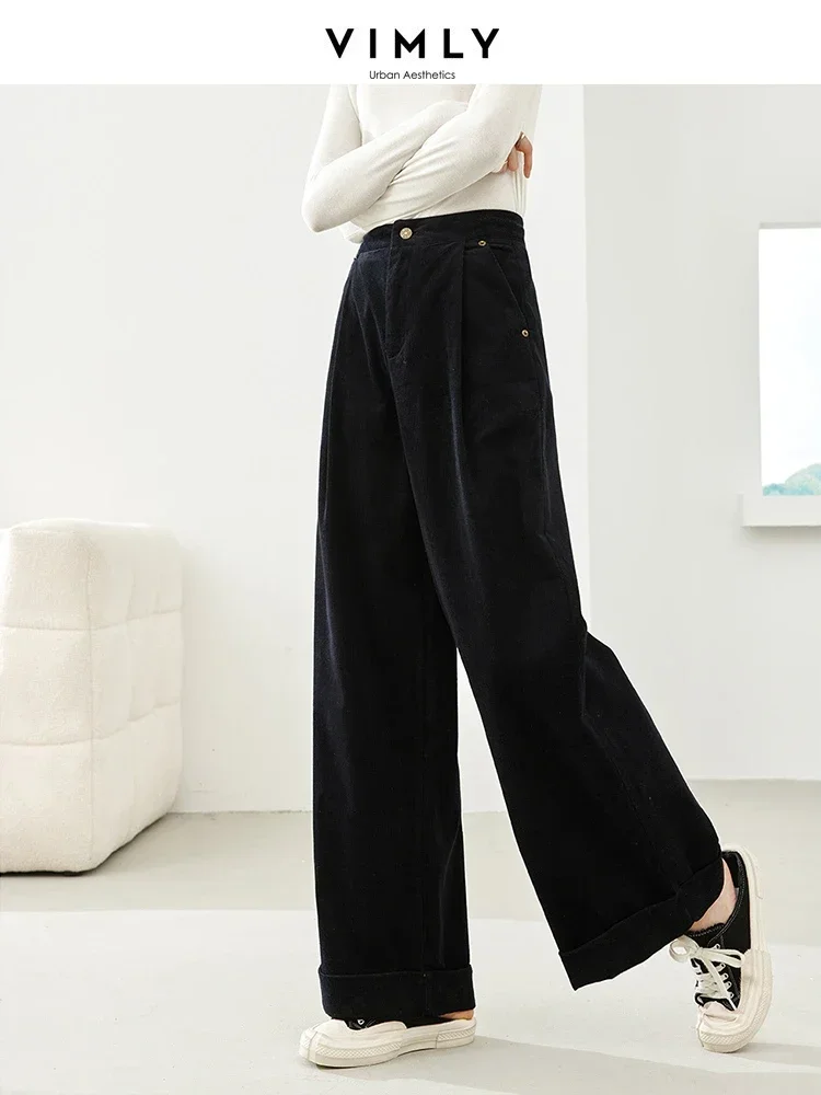 Vimly Cotton 100% Corduroy Baggy Pant Woman 2023 Autumn Winter New Black Thick Warm Straight Loose Elegant Casual Trousers 16330