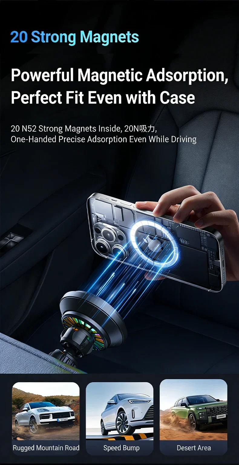 Qi2 25W Kühlendes Magnetisches Auto-Drahtlos-Ladegerät mit RGB-Licht 360° ° Drehständer für Magsafe iPhone 17 Pro Max Samsung S26 Ultra – Detail 12