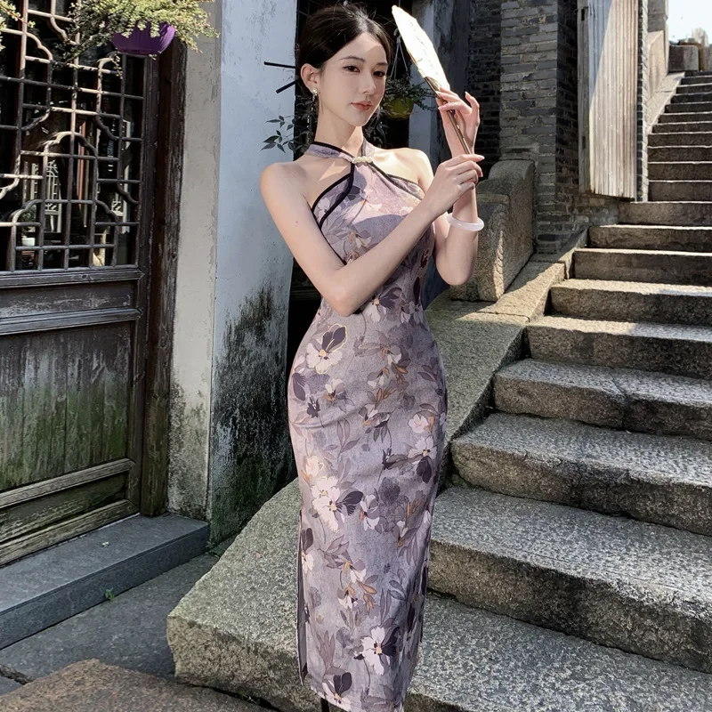 

New Chinese Style Dresses Women Sexy Print Flower Qipao Improved Halter Cheongsams Sleeveless Satin Vestidos