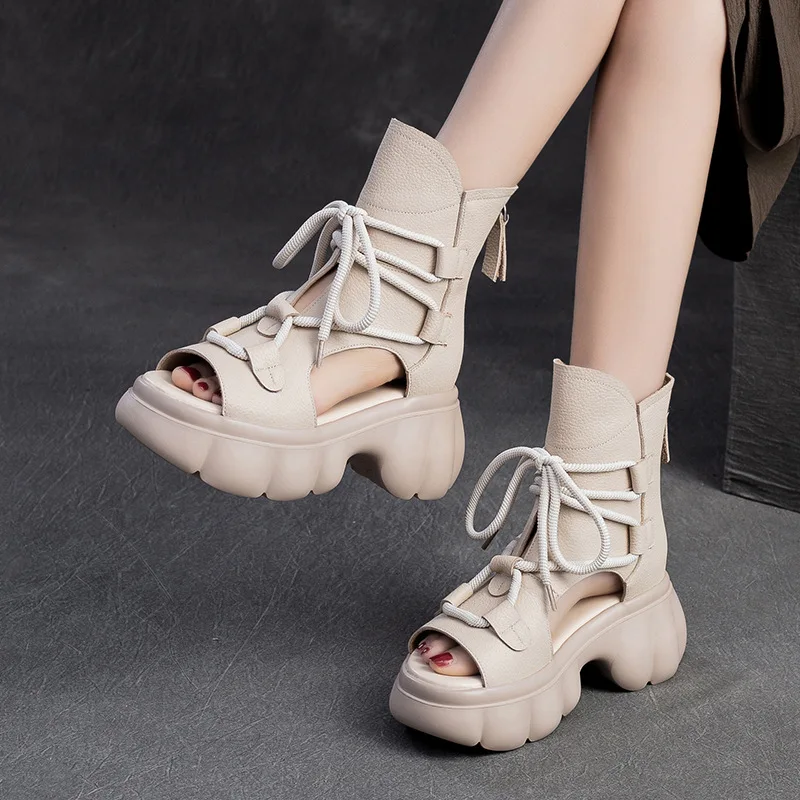 

GKTINOO Open Toed Thick Soled Women's Sandals For Summer 2026 New Genuine Leather Retro Peep Toe Hollow-out Boots