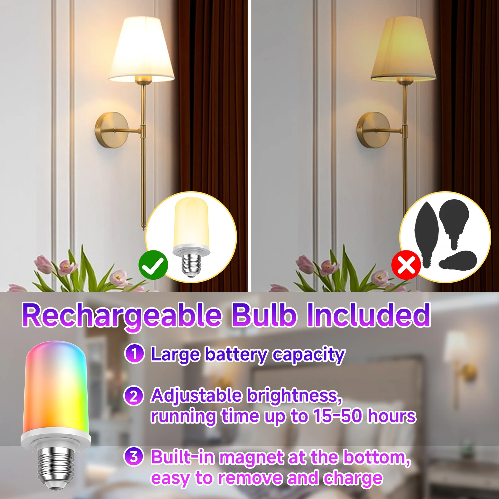 Rechargeable light bulb, 360 ° adjustable ambient light, RGB mode suitable for bedrooms, multi-color smart bedside table light