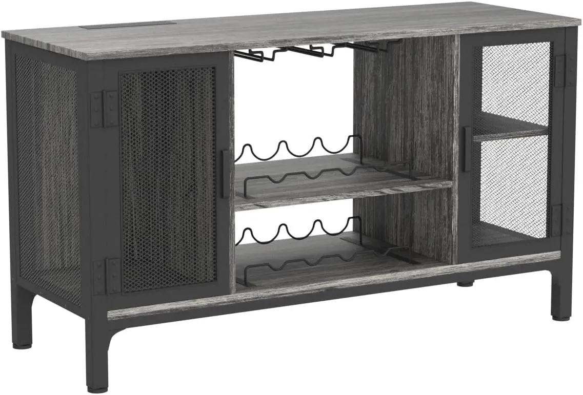 Homieasy-Gabinete Wine Bar com Luzes LED e Tomadas de Energia, Gabinete de Café Industrial para Licores e Copos